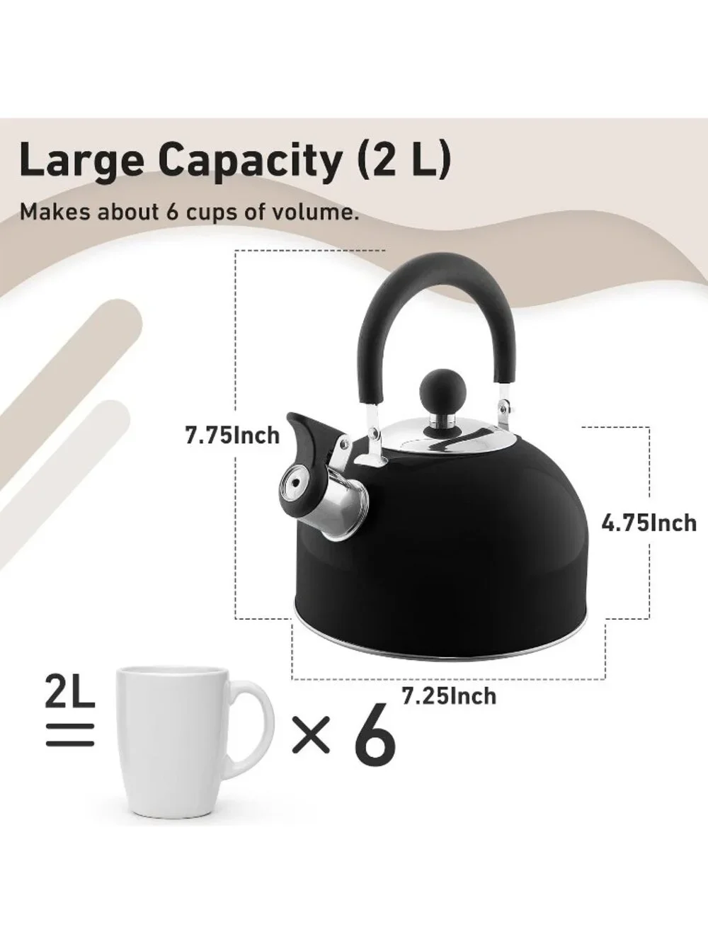 Black Kitchen Whistling Tea Kettle 2 Quart Stainless Steel Stovetop Teapot